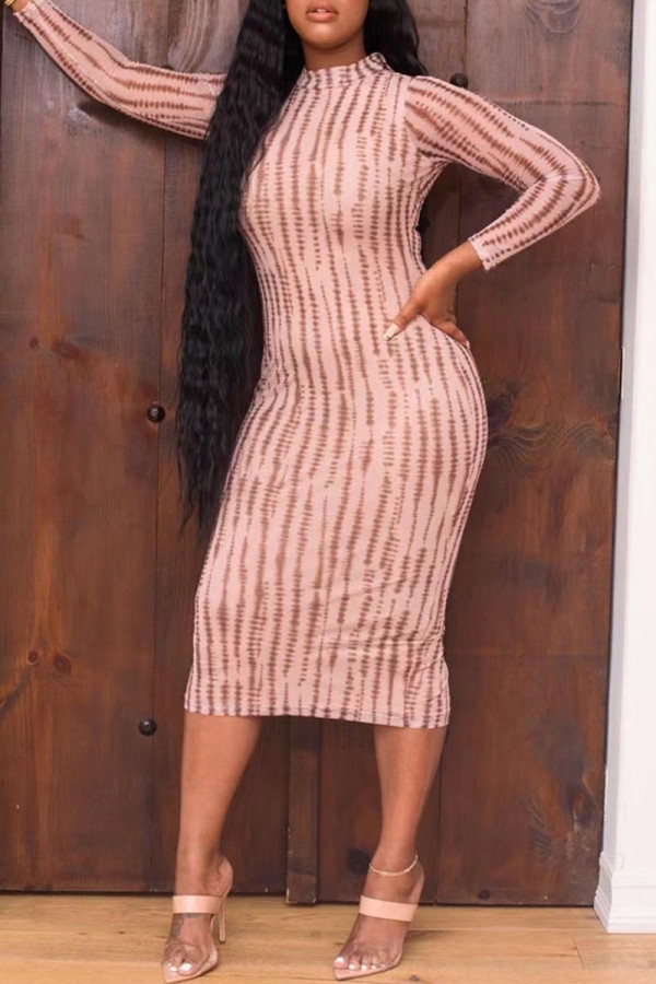 Multicolor Fashion Casual Print Slit Half A Turtleneck Long Sleeve Dresses