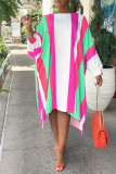 Pink Casual Striped Print Patchwork Asymmetrical O Neck Irregular Dress Dresses