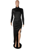Black Fashion Casual Solid Slit Turtleneck Long Sleeve Dresses