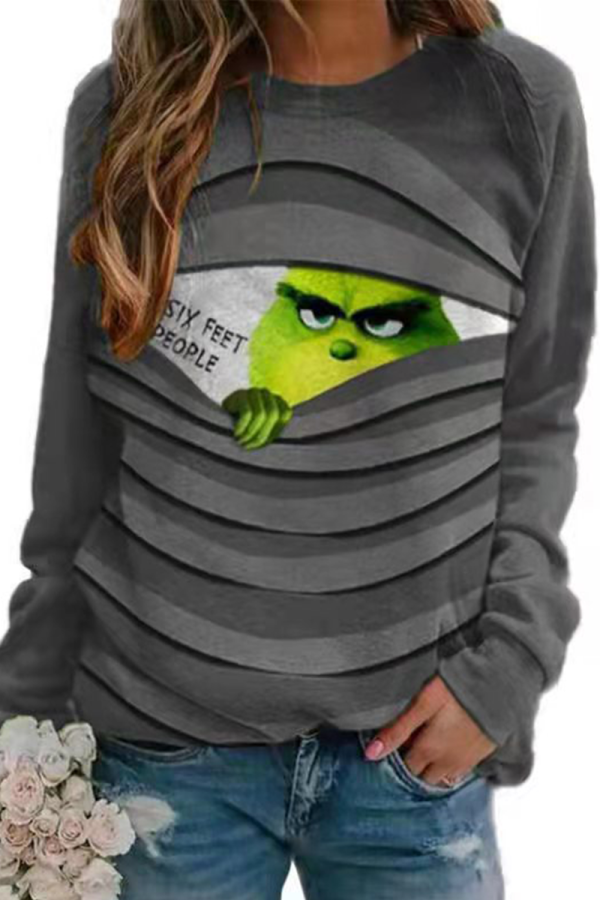 Grey Casual Vintage Print Patchwork O Neck Tops