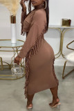 Yellow Fashion Casual Lips Printed Tassel Patchwork O Neck Long Sleeve Two Pieces