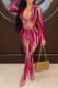 Rose Red Fashion Casual Print Asymmetrical Turndown Collar Long Sleeve Two Pieces
