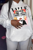White Fashion Casual Print Basic Hooded Collar Tops