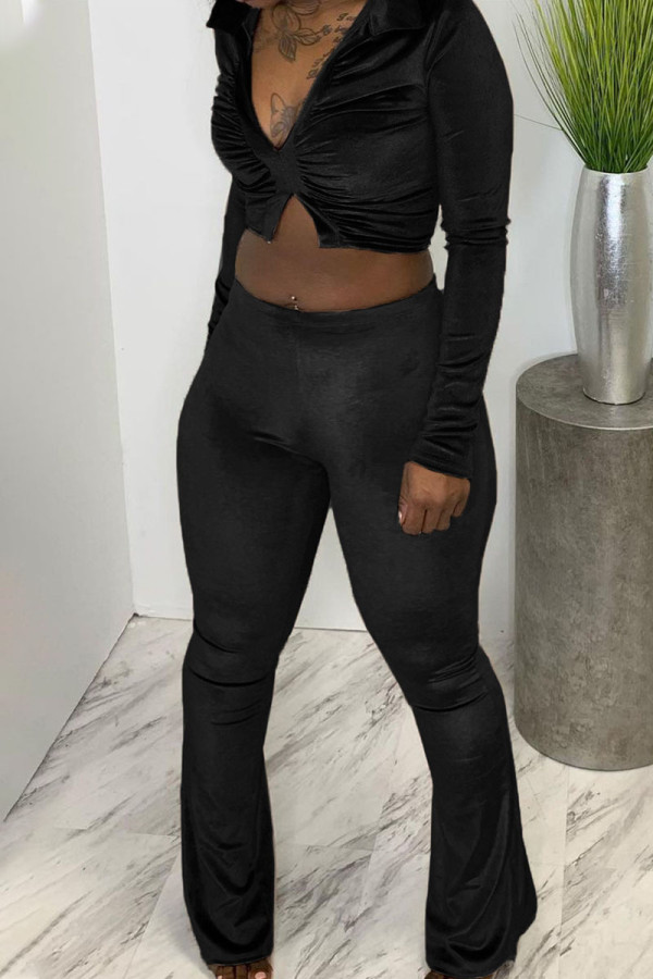 Black Sexy Solid Patchwork Fold V Neck Long Sleeve Two Pieces