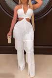 White Sexy Solid Tassel Halter Straight Jumpsuits