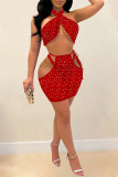 Red Sexy Patchwork Hollowed Out See-through Backless Turtleneck Sleeveless Three-piece Set