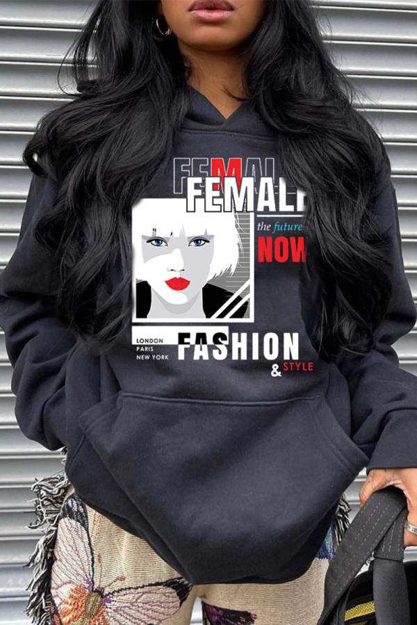Black Fashion Casual Print Basic Hooded Collar Tops