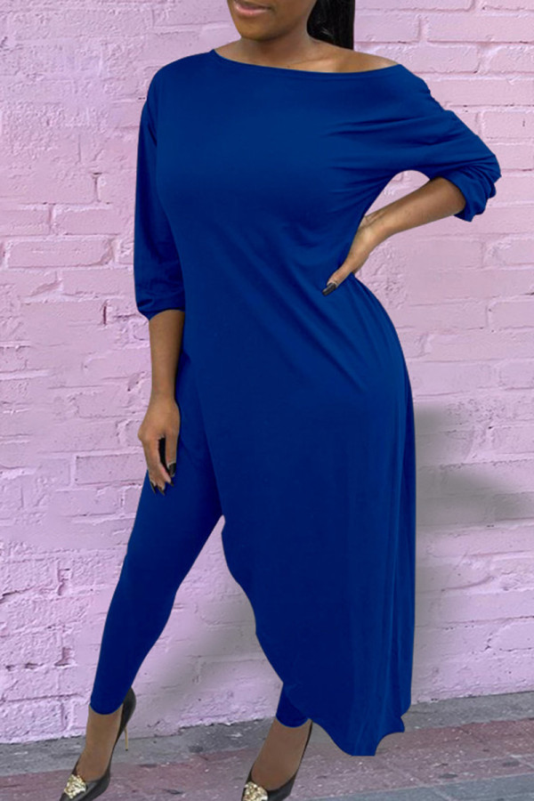 Blue Fashion Casual Solid Asymmetrical Oblique Collar Long Sleeve Two Pieces