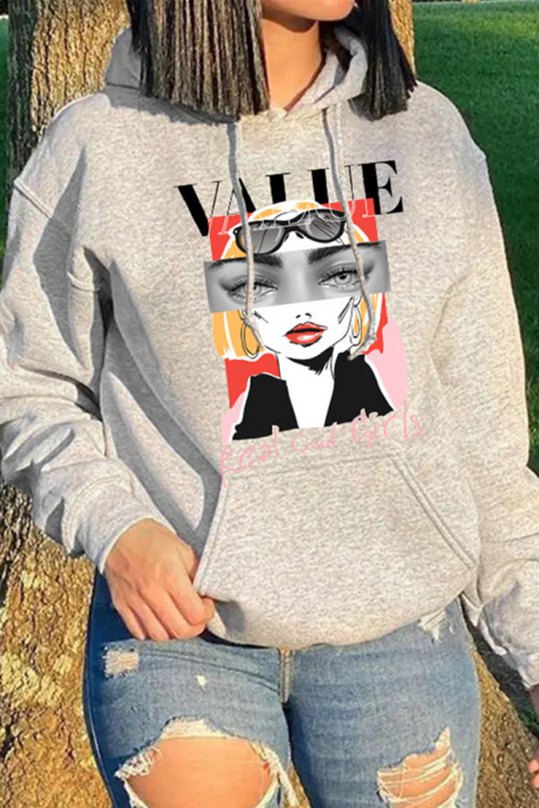 Grey Fashion Casual Print Basic Hooded Collar Tops