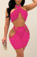 Rose Red Sexy Patchwork Hollowed Out See-through Backless Turtleneck Sleeveless Three-piece Set