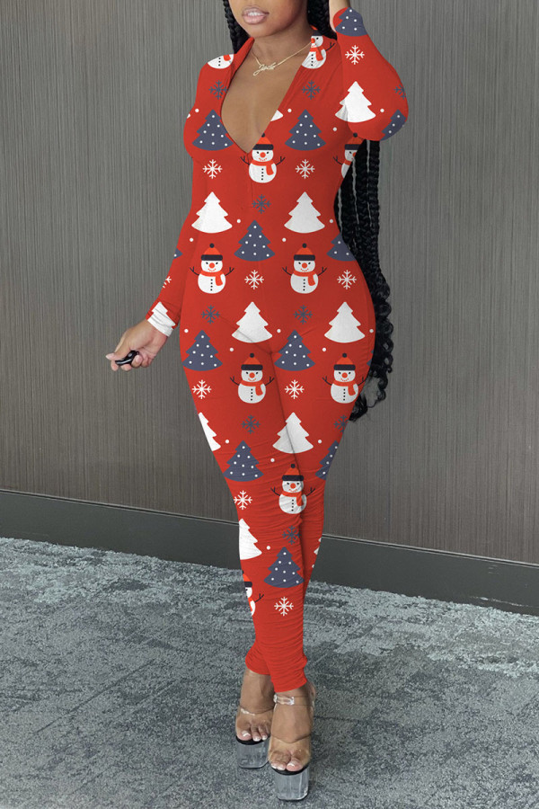 Red Casual Print Patchwork Zipper Collar Regular Jumpsuits