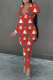 Red Casual Print Patchwork Zipper Collar Regular Jumpsuits