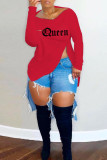 Red Fashion Casual Letter Print Patchwork Zipper O Neck Tops