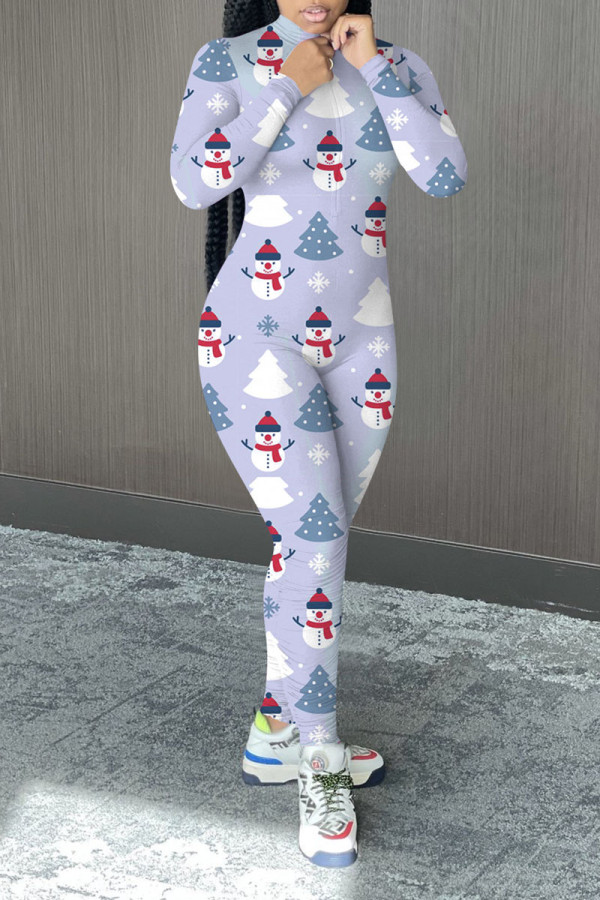 Light Purple Casual Print Patchwork Zipper Collar Regular Jumpsuits