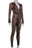 Brown Sexy Print Patchwork Turndown Collar Skinny Jumpsuits