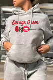 Grey Fashion Casual Print Hooded Collar Tops