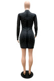 Black Fashion Sexy Patchwork Hot Drilling See-through O Neck Long Sleeve Dresses