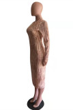 Multicolor Fashion Casual Print Slit Half A Turtleneck Long Sleeve Dresses