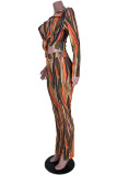 Multicolor Fashion Casual Print Asymmetrical Turndown Collar Long Sleeve Two Pieces