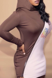 Coffee Casual Print Patchwork Hooded Collar Pencil Skirt Dresses