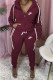 Burgundy Fashion Sportswear Print Patchwork Hooded Collar Long Sleeve Two Pieces