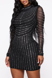 Black Fashion Sexy Patchwork Hot Drilling See-through O Neck Long Sleeve Dresses