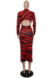 Red Fashion Sexy Print Backless Zipper Collar Long Sleeve Dresses