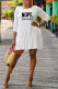 White Casual Print Patchwork Flounce O Neck A Line Dresses