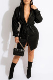 Black Fashion Casual Solid Patchwork Zipper Hooded Collar Long Sleeve Dresses