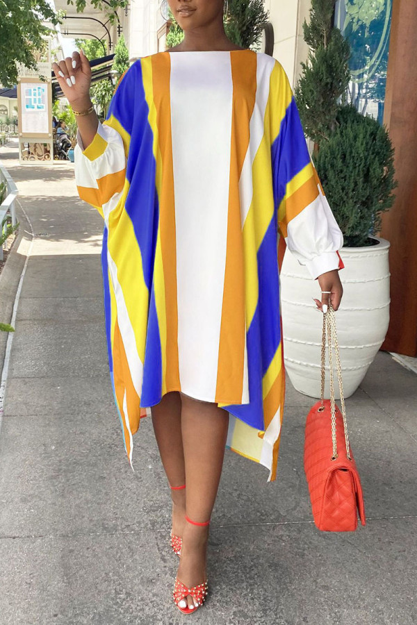 Yellow Casual Striped Print Patchwork Asymmetrical O Neck Irregular Dress Dresses