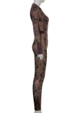 Brown Sexy Print Patchwork Turndown Collar Skinny Jumpsuits