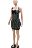 Black Sexy Solid Patchwork Hot Drill Spaghetti Strap One Step Skirt Dresses