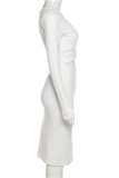 White Fashion Sexy Solid Hollowed Out Patchwork Backless Oblique Collar Long Sleeve Dresses