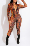 Orange Sexy Print Patchwork Zipper Zipper Collar Regular Jumpsuits