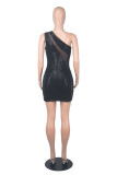 Black Sexy Patchwork Sequins Tear Backless One Shoulder Sleeveless Dress
