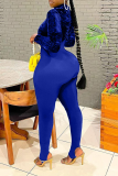 Deep Blue Sexy Solid Patchwork Turtleneck Skinny Jumpsuits