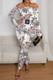 White Fashion Sexy Print Backless Off the Shoulder Skinny Jumpsuits (Without Belt)