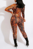 Orange Sexy Print Patchwork Zipper Zipper Collar Regular Jumpsuits