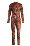 Orange Sexy Print Patchwork Zipper Zipper Collar Regular Jumpsuits