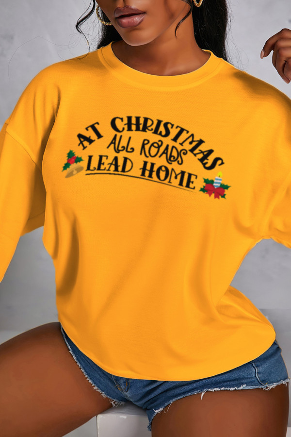 Yellow Fashion Party Print Patchwork O Neck Tops