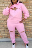 Pink Fashion Casual Solid Ripped Hollowed Out Hooded Collar Long Sleeve Two Pieces