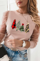 Pink Fashion Casual Christmas Tree Printed Split Joint O Neck Tops