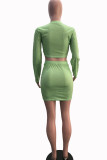 Green Sexy Striped Print Patchwork O Neck Long Sleeve Two Pieces
