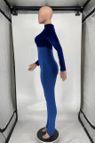 Deep Blue Sexy Solid Patchwork Turtleneck Skinny Jumpsuits
