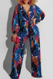 Blue Casual Print Patchwork V Neck Straight Jumpsuits