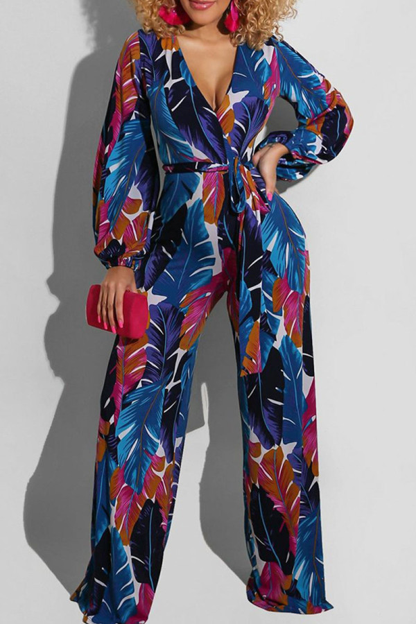 Blue Casual Print Patchwork V Neck Straight Jumpsuits