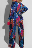 Blue Casual Print Patchwork V Neck Straight Jumpsuits