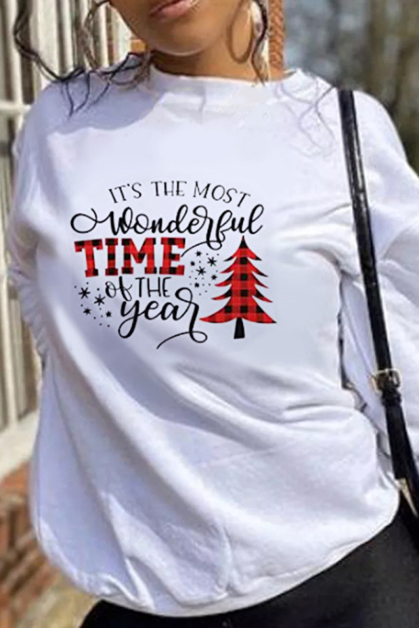 White Red Fashion Casual Print Basic O Neck Tops
