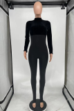 Deep Blue Sexy Solid Patchwork Turtleneck Skinny Jumpsuits