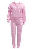 Pink Fashion Casual Solid Ripped Hollowed Out Hooded Collar Long Sleeve Two Pieces